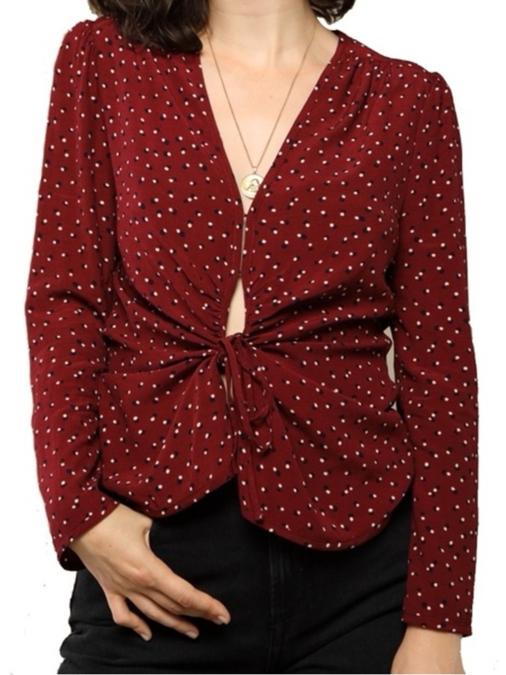 Rouje Yasmine Maroon Polka Dot Tie Front Blouse Size 36